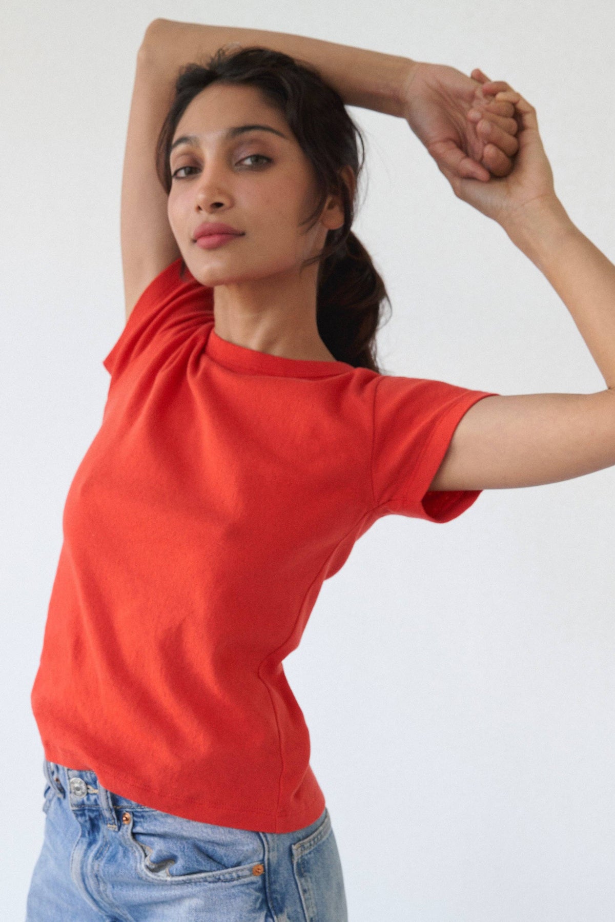 Pointelle baby tee by LA RELAXED featuring lightweight, soft fabric with a delicate knit pattern and short sleeves.