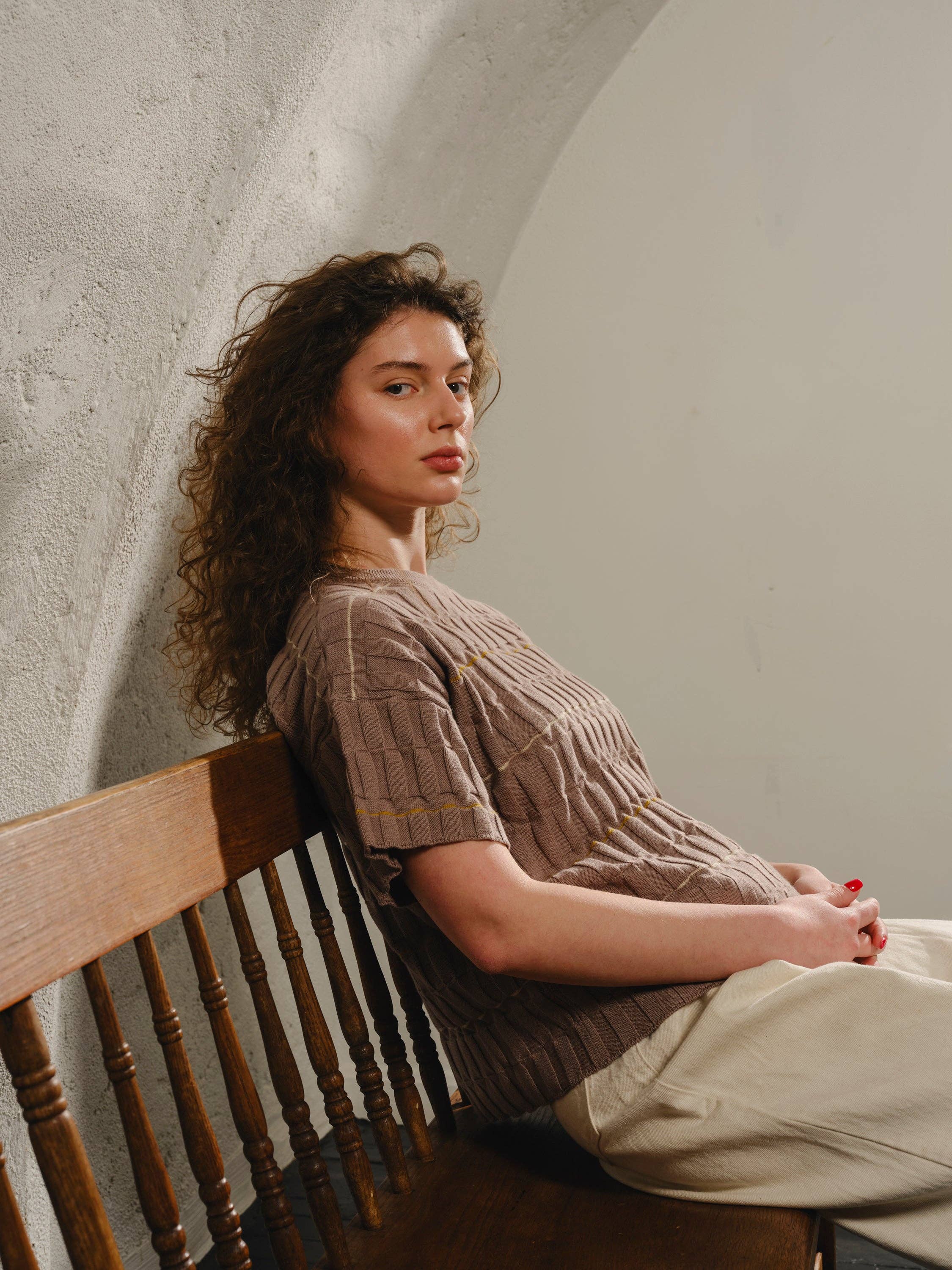 Wiggle Stripe Knit Grid Tee - Pebble