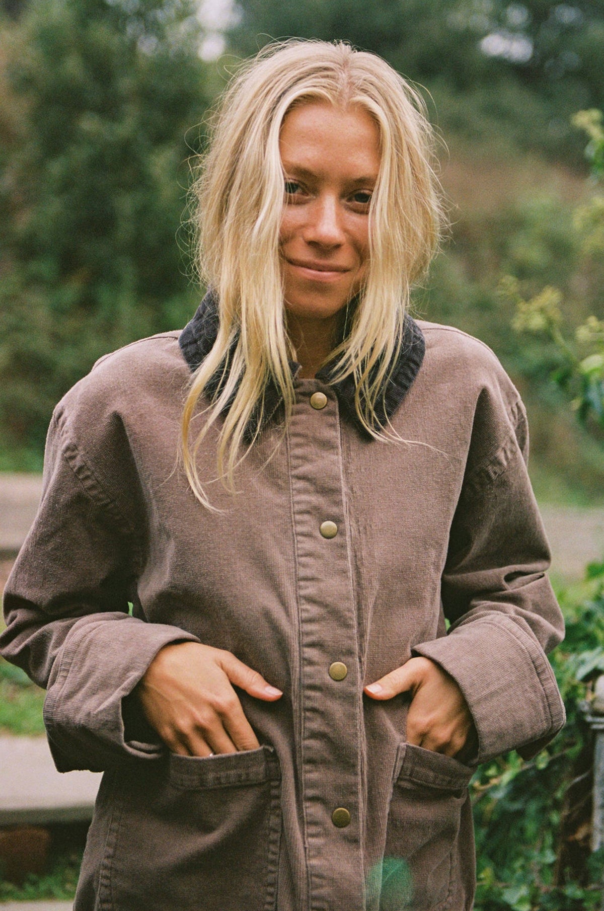 LA RELAXED Ellis Cord Jacket in beige, featuring a button-up front and classic collar, displayed on a hanger.
