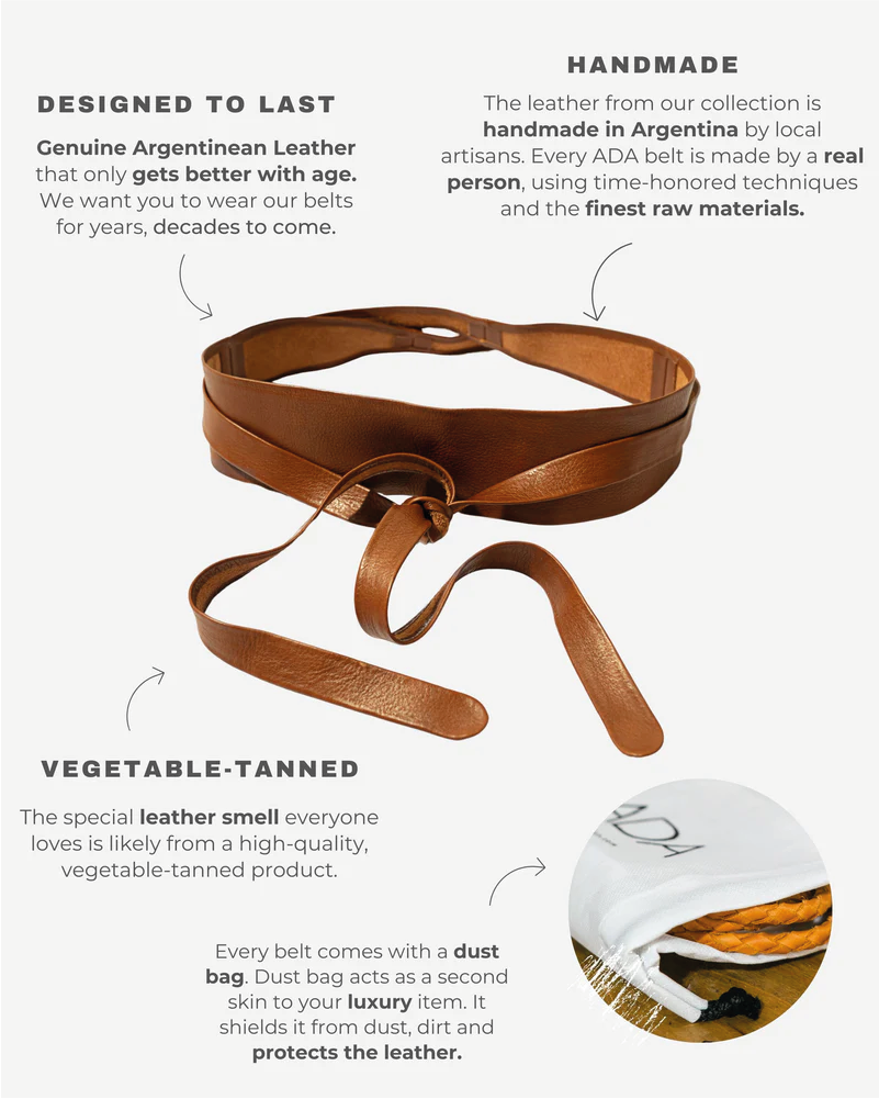 Adjustable whiskey leather boho chic wrap belt from ADA Collection Belts, showcasing its stylish design and fine craftsmanship.