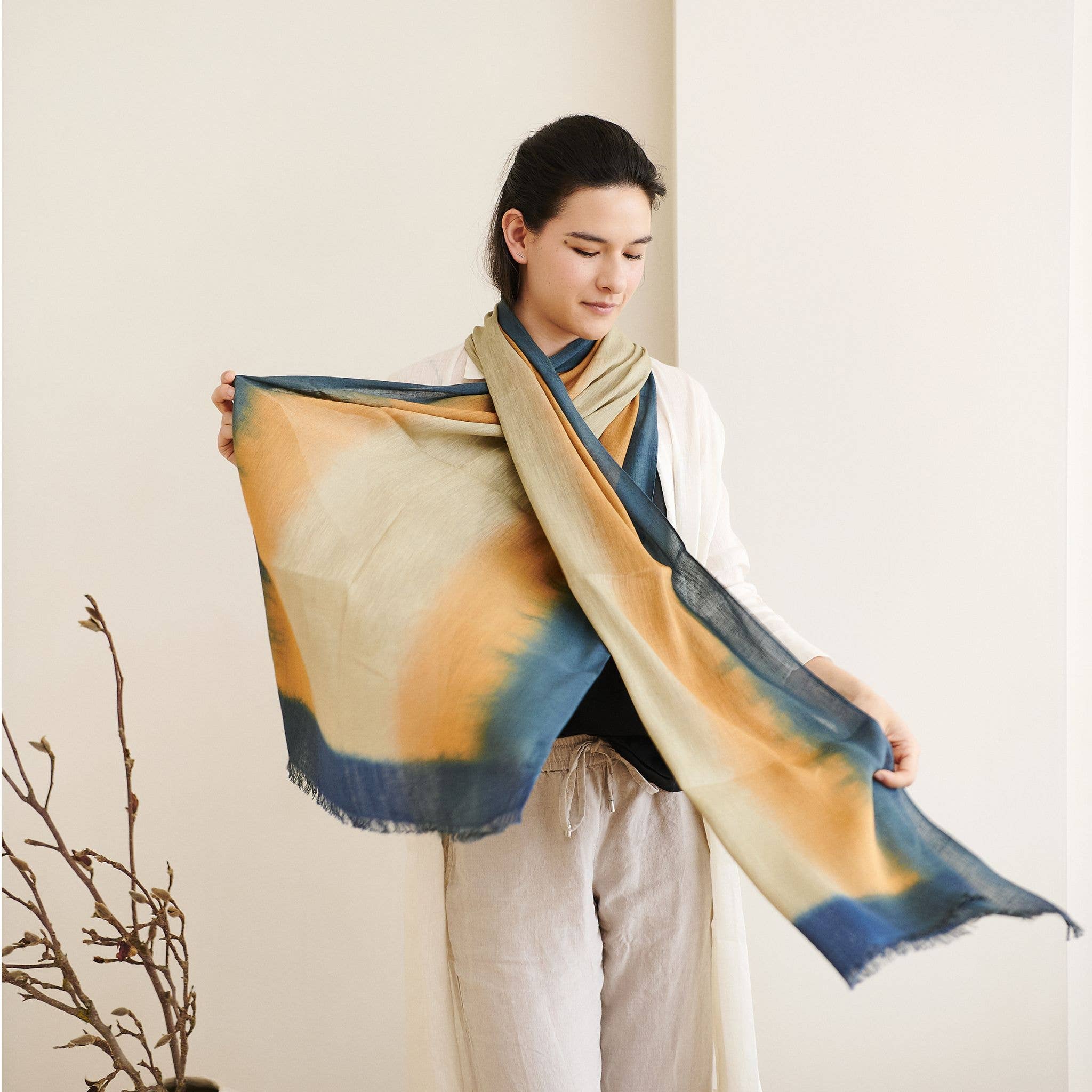 Oceana Beige Blue Soft Linen Silk Handloom Scarf
