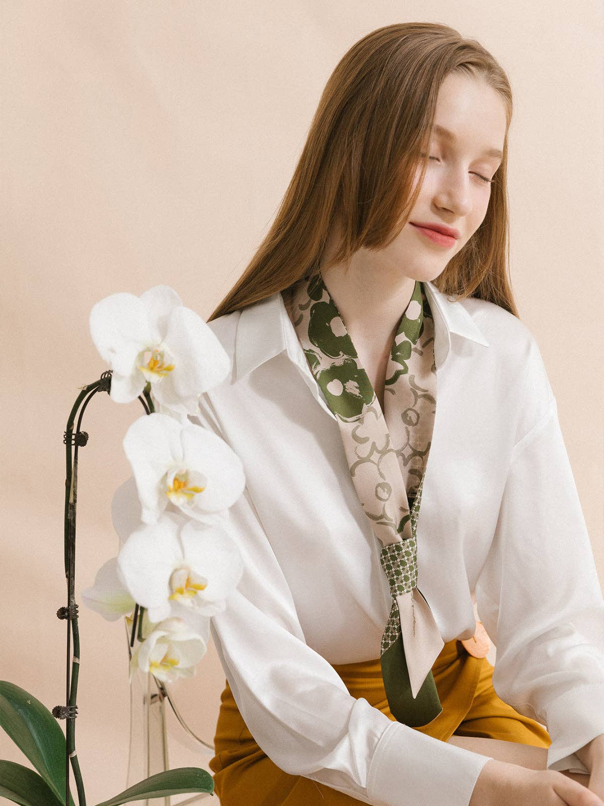 "Floral Houndstooth" Silk Twill Skinny Scarf - Green