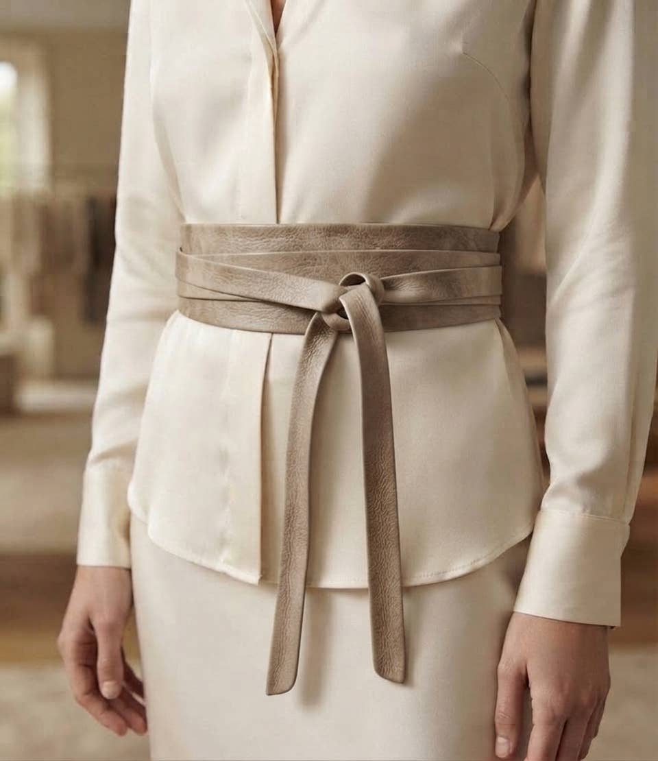 Leather wrap belt in mushroom color from ADA Collection Belts, featuring a stylish accessory with a smooth leather finish.