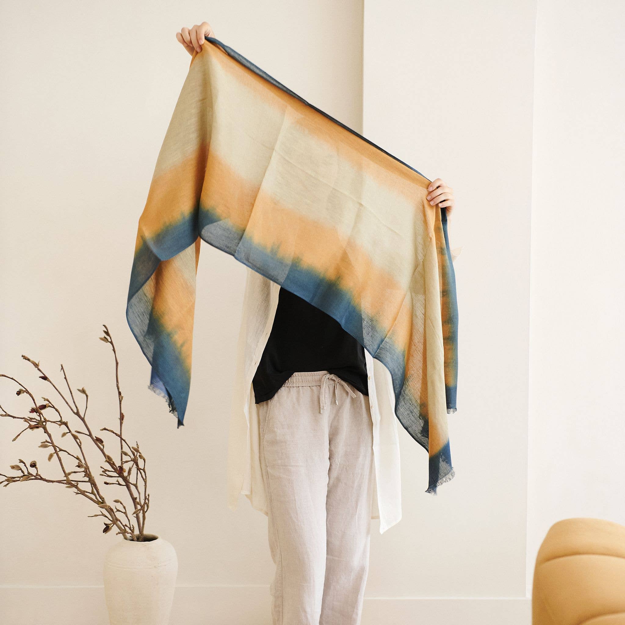 Oceana Beige Blue Soft Linen Silk Handloom Scarf