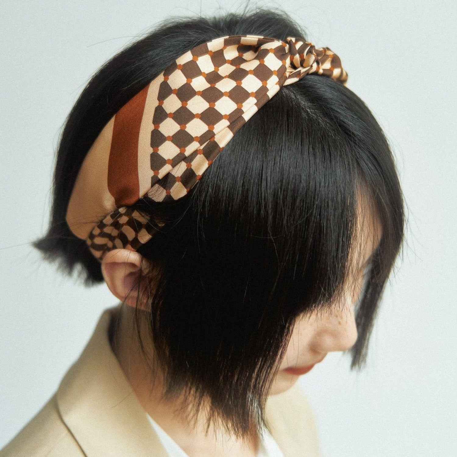 "Checkerboard" Silk Twill Skinny Scarf - Coffee