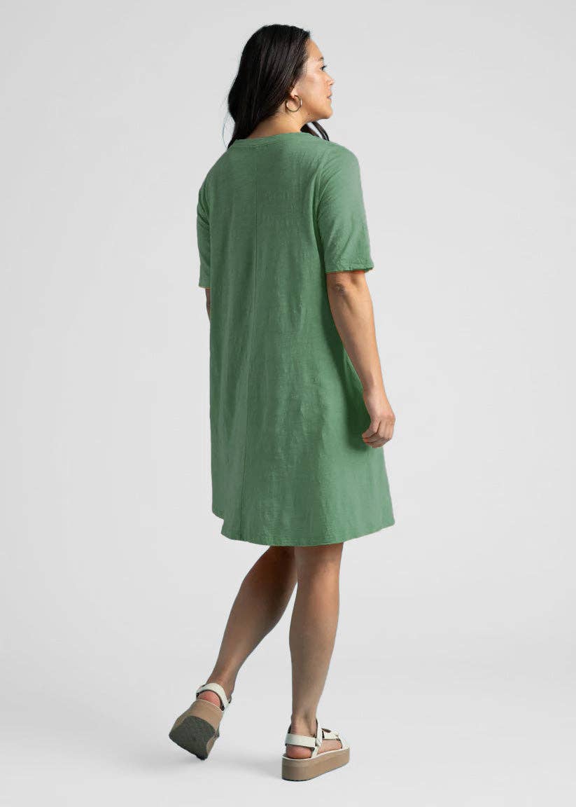 Watercress Good Tee Dress by and for Good, featuring a relaxed fit and short sleeves in soft watercress green fabric.