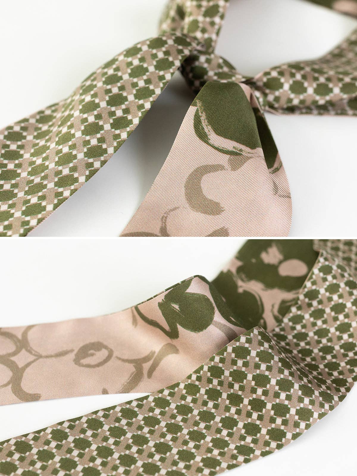 "Floral Houndstooth" Silk Twill Skinny Scarf - Green