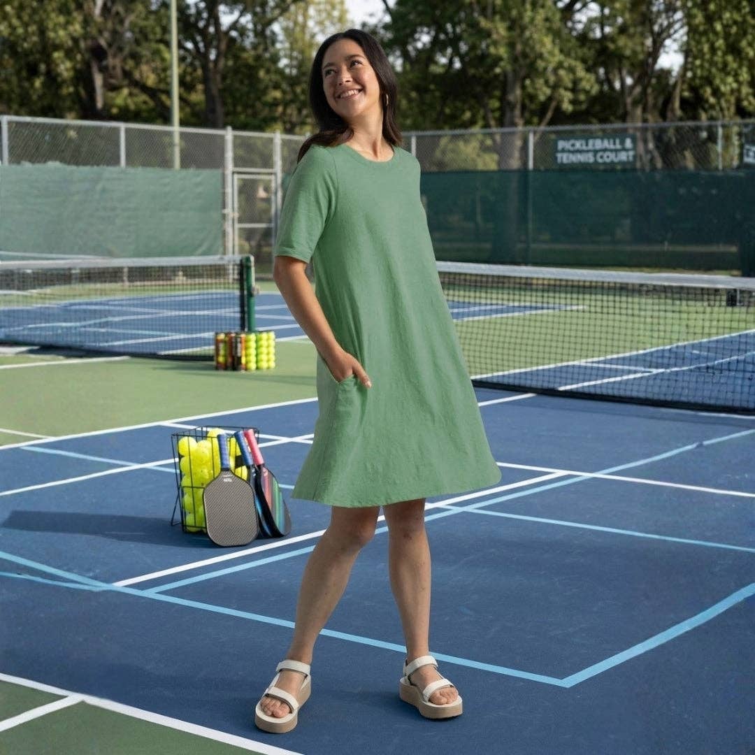Watercress Good Tee Dress by and for Good, casual sleeveless dress with relaxed fit and soft fabric, styled with a waist belt.