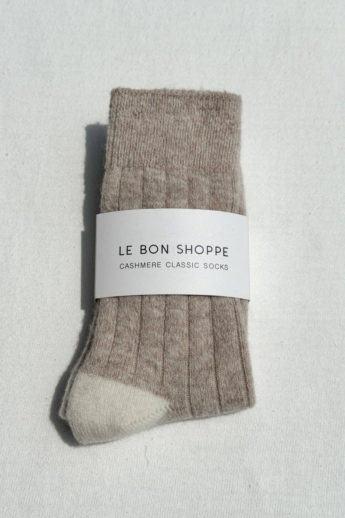 Le Bon Shoppe classic cashmere socks in neutral tones, soft and cozy, displayed flat for wholesale purchase.