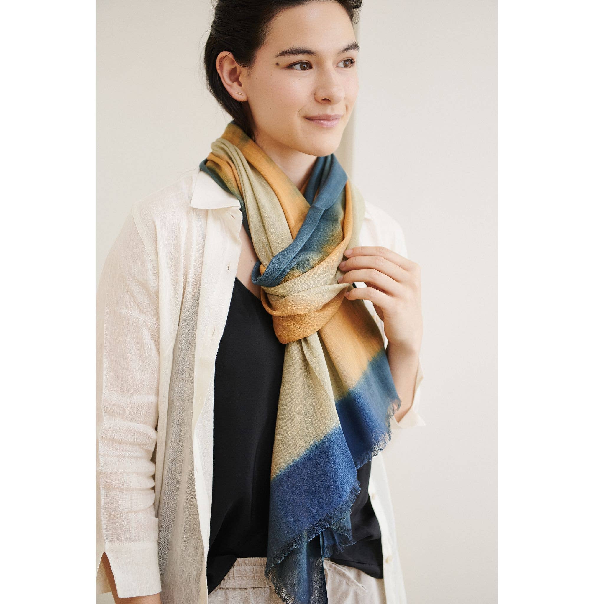 Oceana Beige Blue Soft Linen Silk Handloom Scarf
