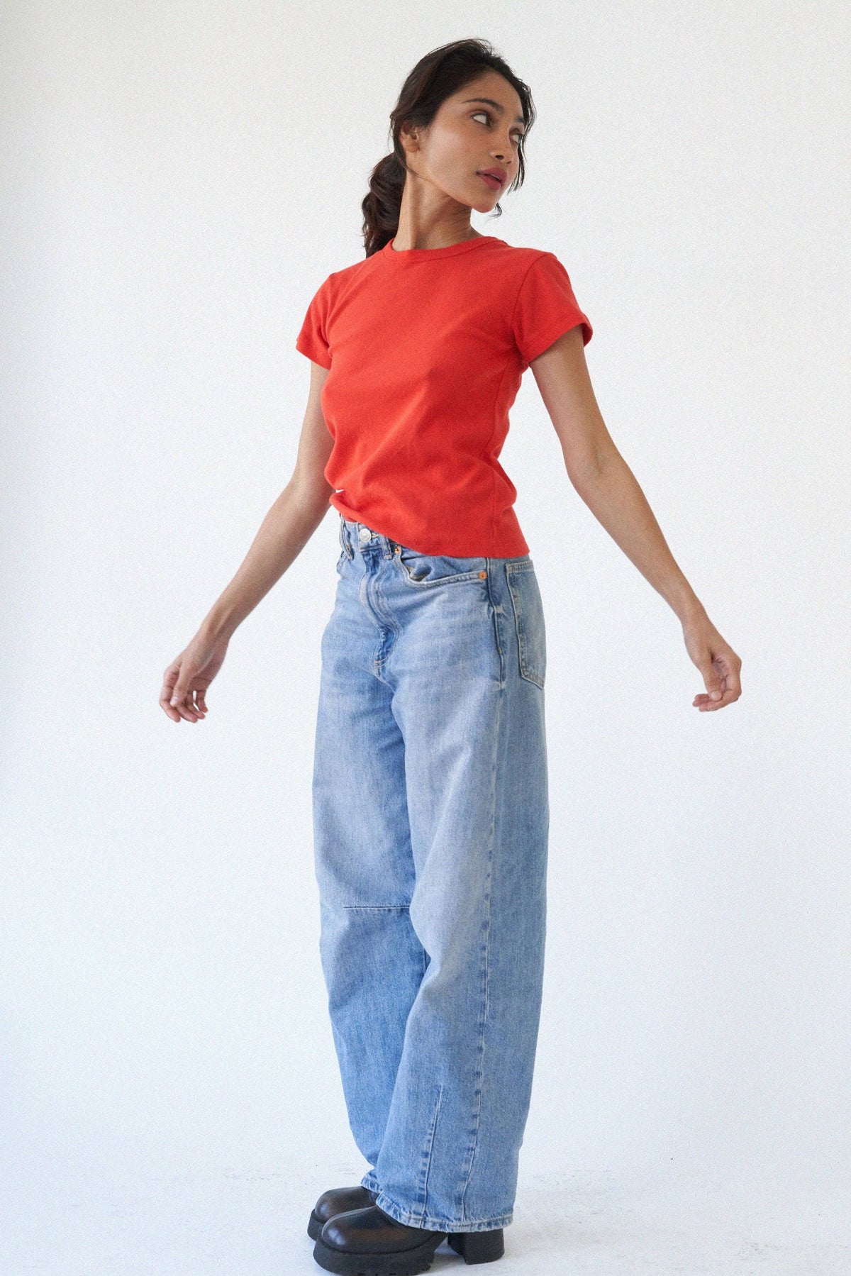 Pointelle baby tee by LA RELAXED featuring a soft, lightweight knit with delicate openwork pattern in a pastel color.