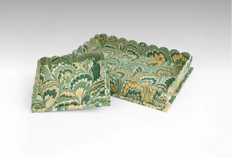 Marbelled tray set-green golden peacock feather