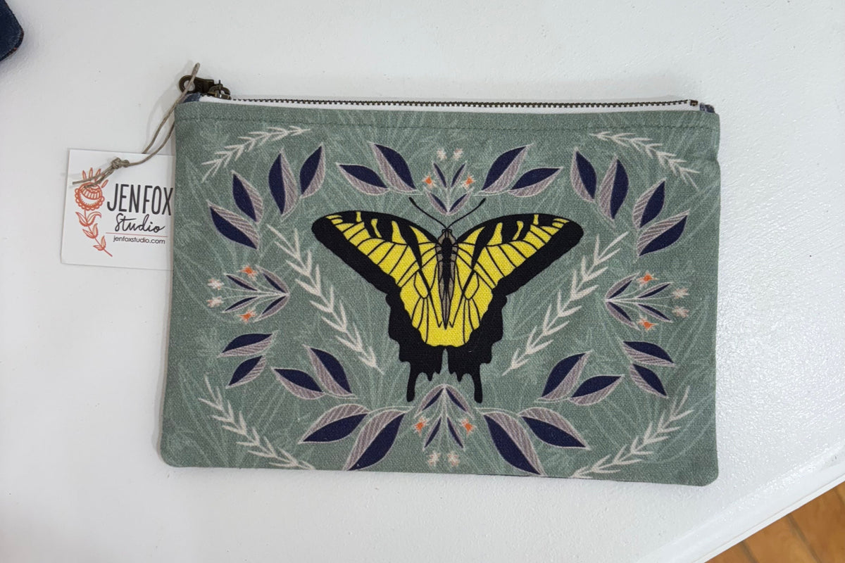 Jen Fox Studio Cranes & Desert Botanical Canvas Zip Pouch, accessory bag with crane and desert botanical print, zipper closure.