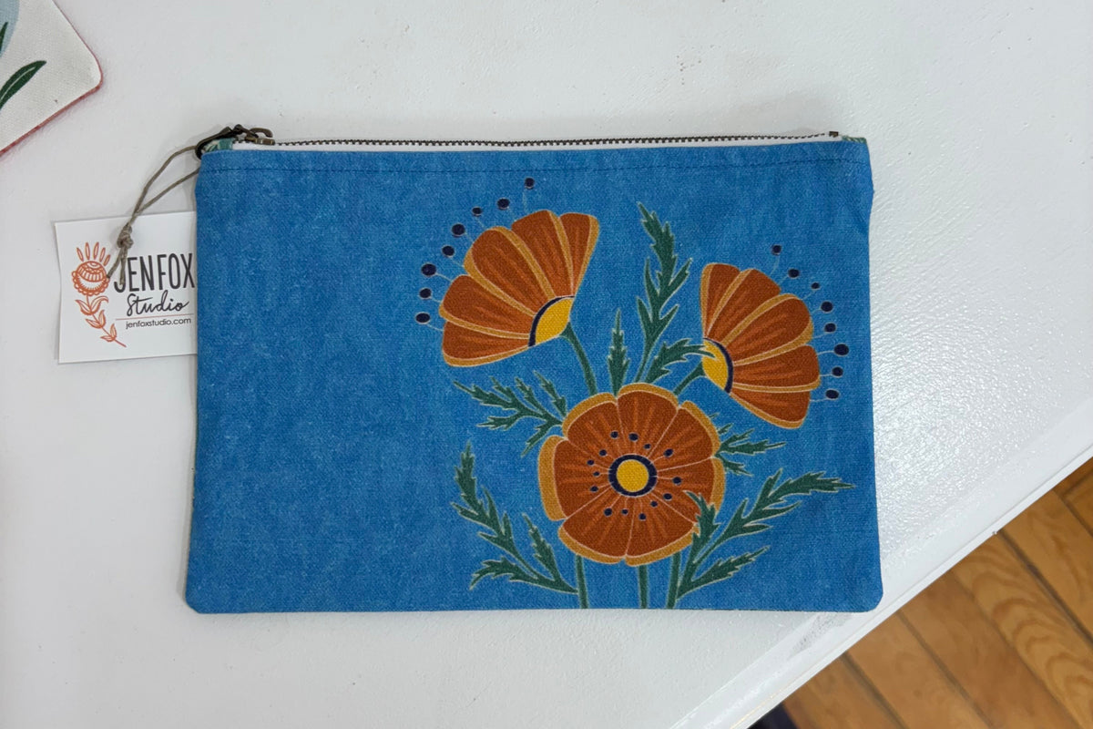 Jen Fox Studio Cranes and desert botanical canvas zip pouch, stylish accessories bag with colorful crane and desert plant design.