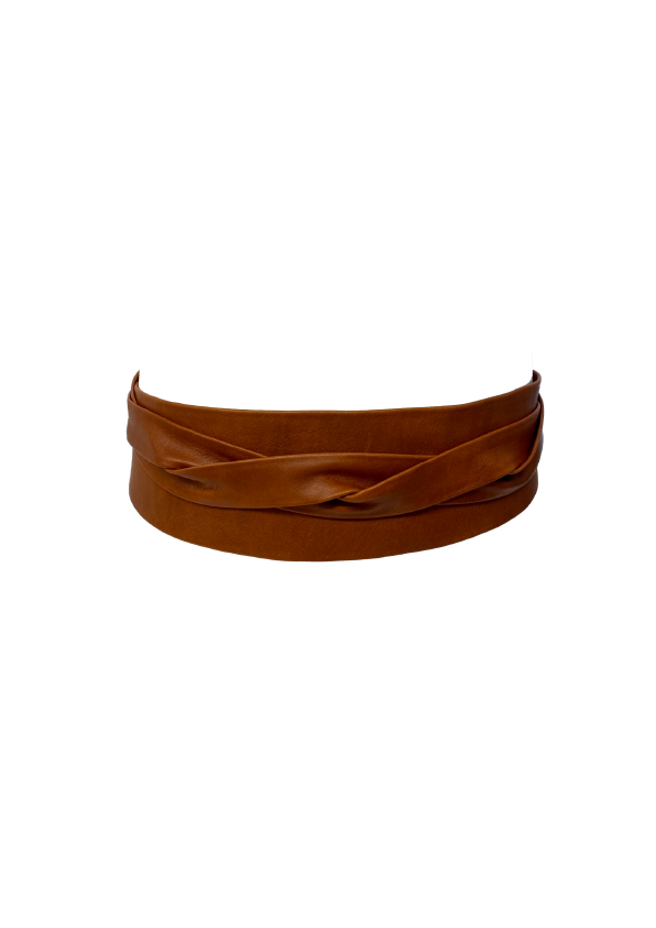 Boho chic whiskey leather wrap belt with adjustable OS from ADA Collection Belts, featuring stylish leather details.