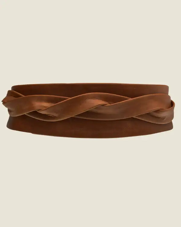 Adjustable whiskey leather wrap belt with boho chic style from ADA Collection Belts, featuring natural leather details.