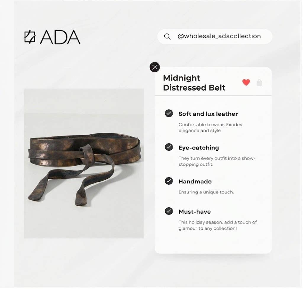 Midnight wrap belt from ADA Collection Belts, adjustable sleek evening classic belt shown wrapped around a model's waist.