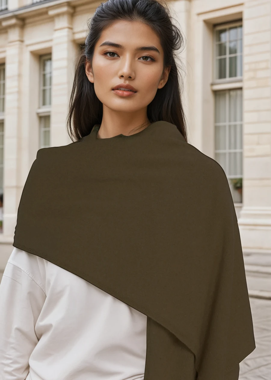 Recycled cashmere wrap scarf in cocoa color by and for Good, draped to showcase soft, cozy fabric and stylish design.