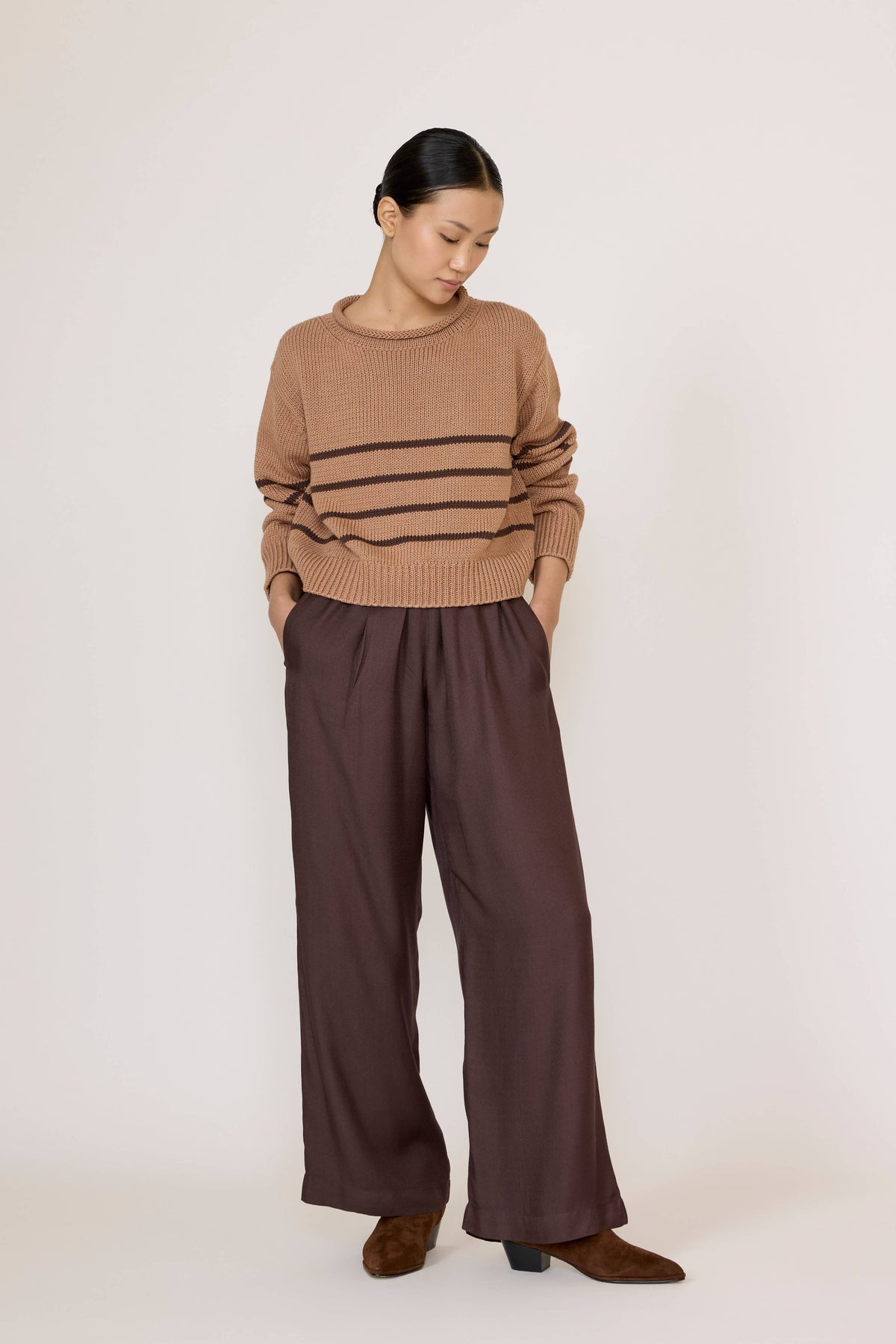 LAUDE Field Sweater in Acorn Stripe featuring a cozy knit design with earthy tones and a classic fit.