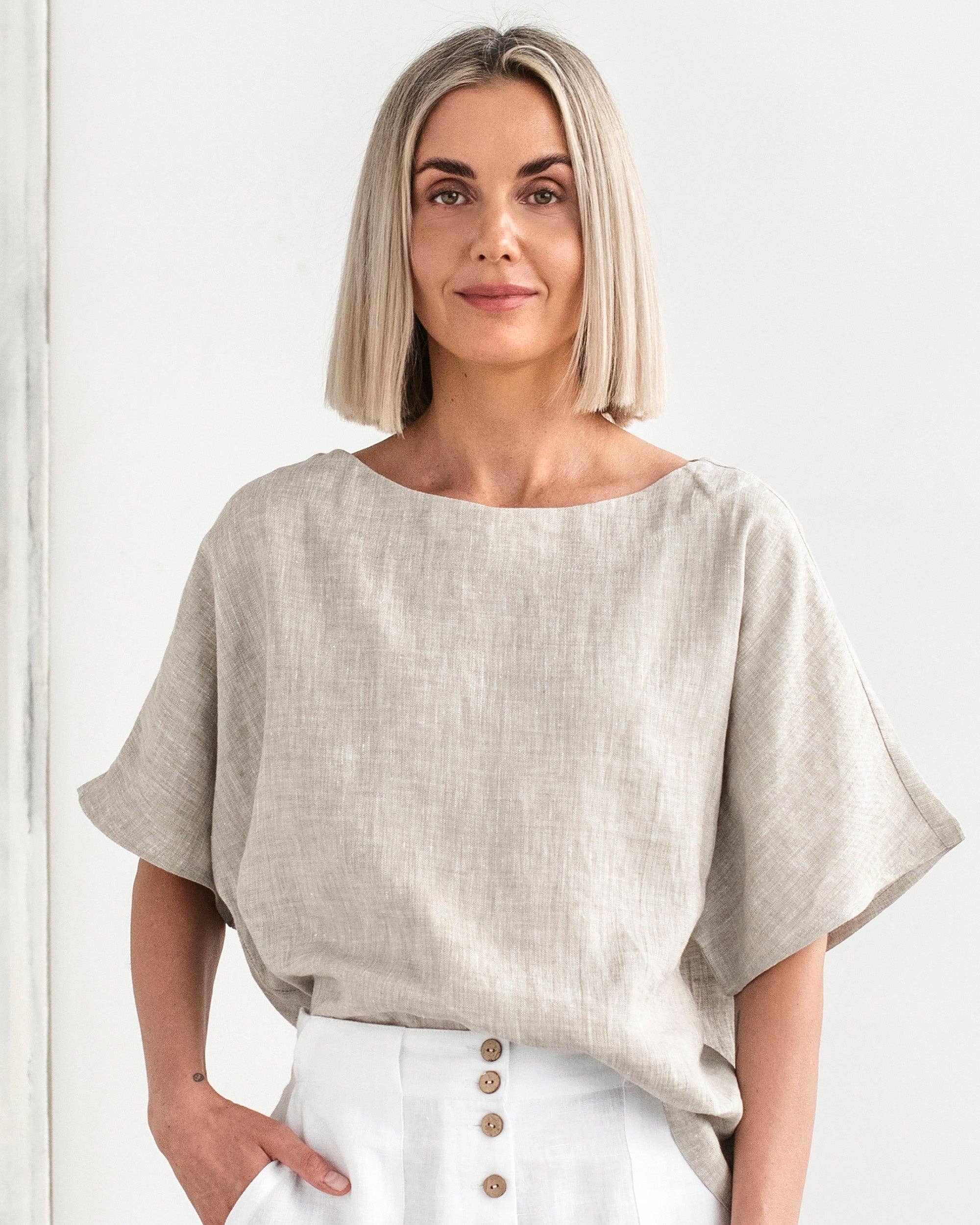 Loose-fit linen top MIDWAY in Natural melange