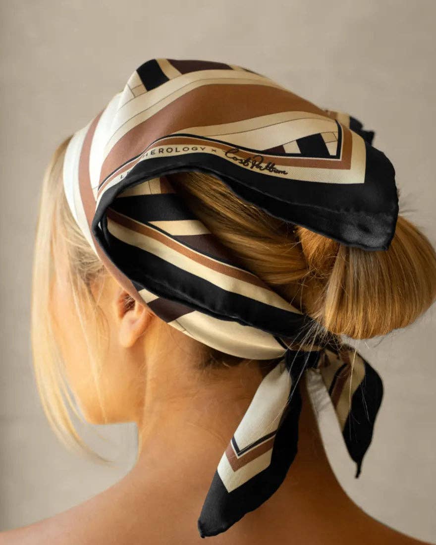 Lost Pattern NYC Silk Square Scarf with neutral pattern, featuring soft fabric and stylish design for versatile fashion accessory.