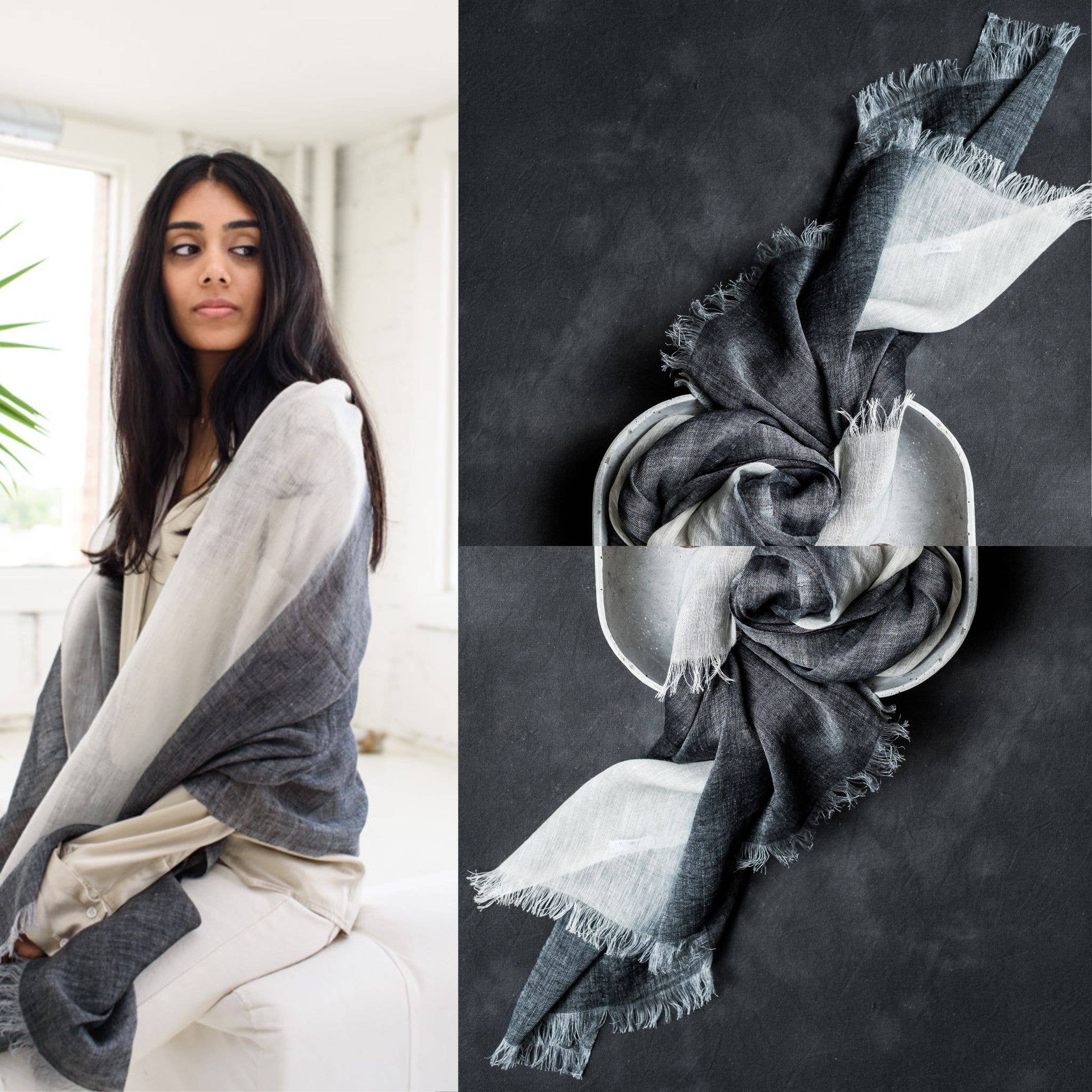 Granite Black Ombre Soft Linen Silk Handloom Scarf