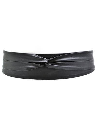 Black adjustable wrap belt from ADA Collection Belts, styled around the waist, showing its sleek design and versatile fit.