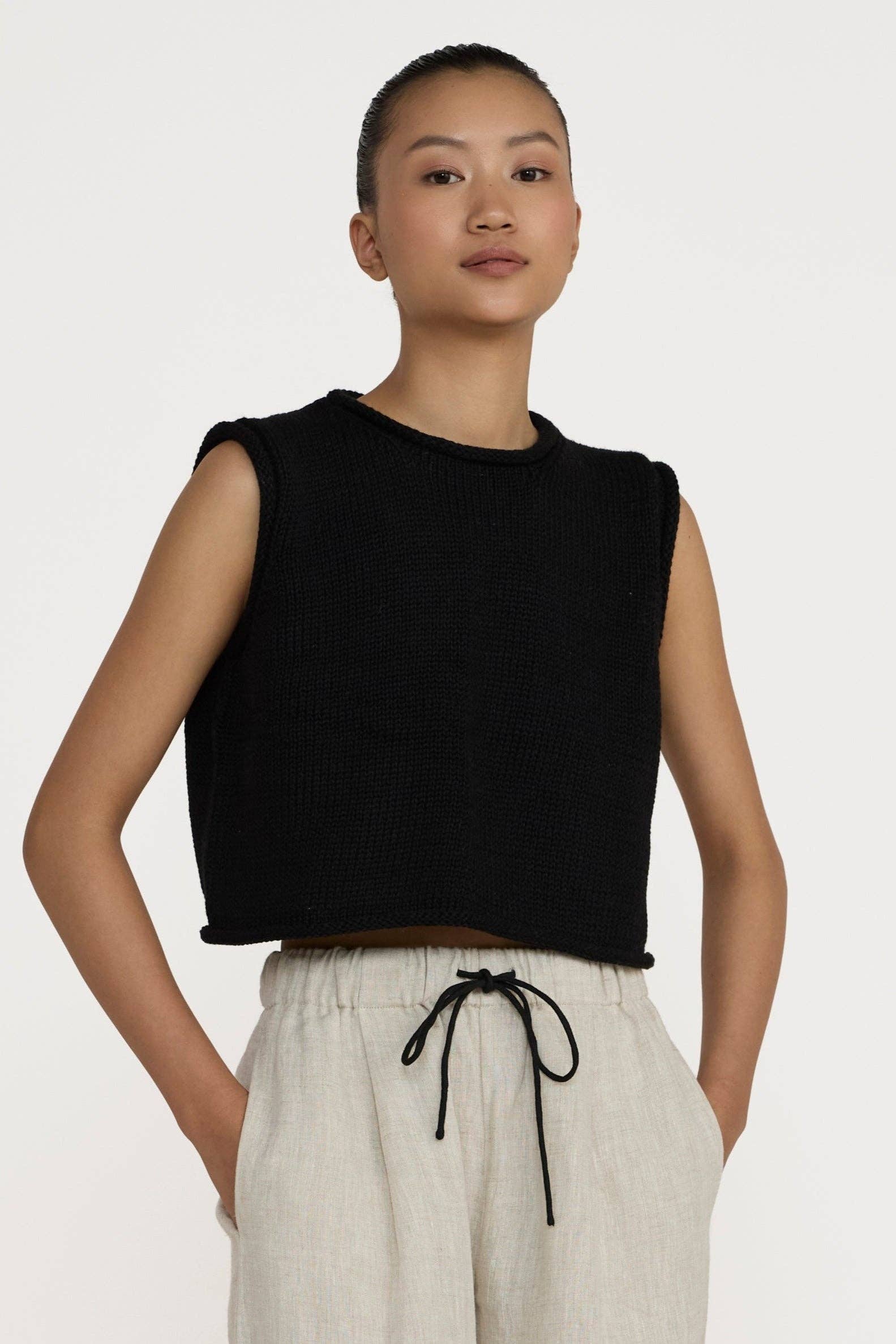 Cropped Knit Tank - Black