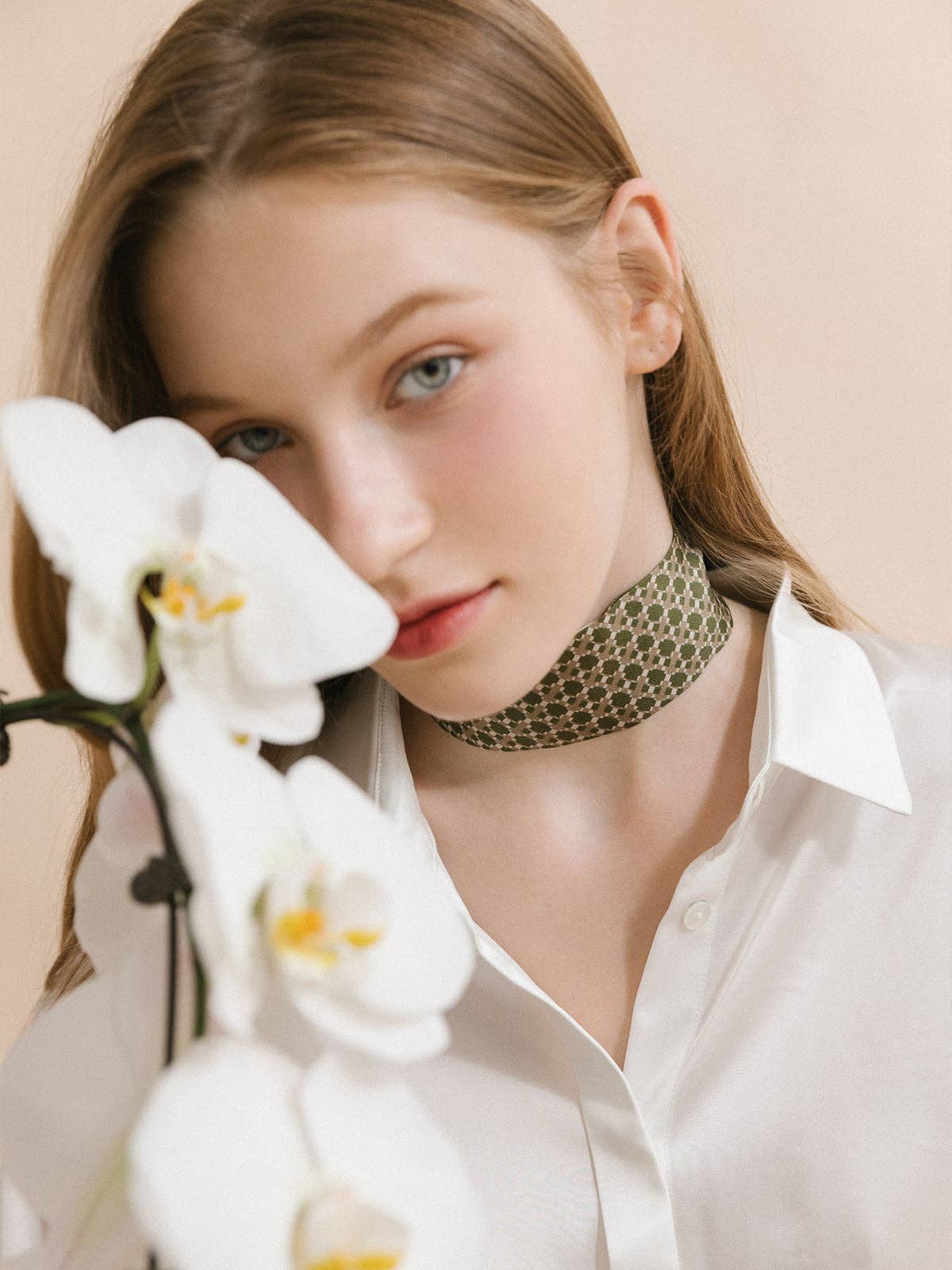 "Floral Houndstooth" Silk Twill Skinny Scarf - Green