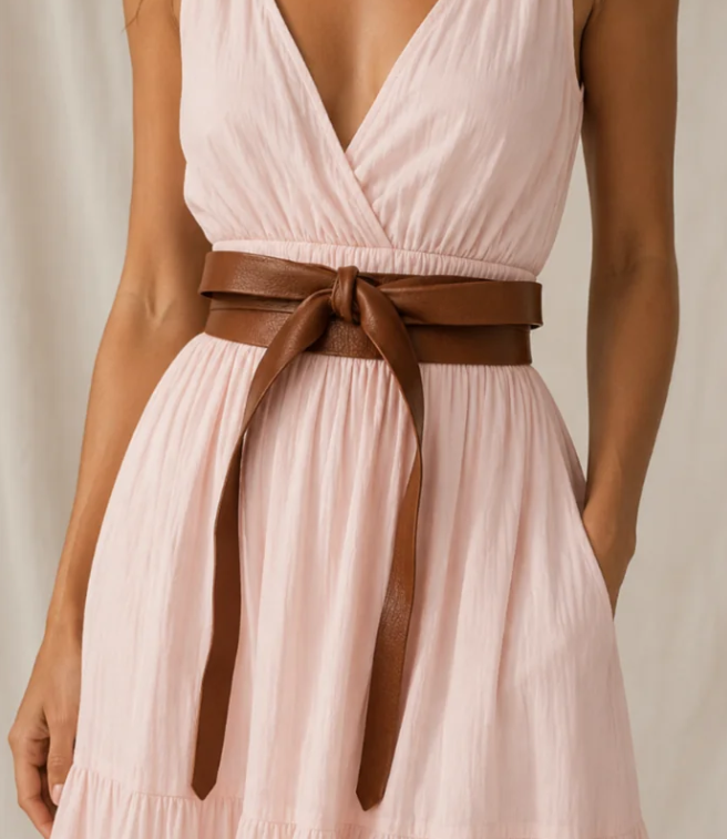 Adjustable whiskey leather wrap belt with boho chic style from ADA Collection Belts, featuring a versatile design.