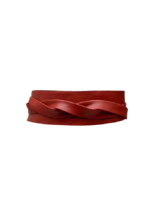 Red adjustable leather belt from ADA Collection Belts featuring a sleek wrap design and silver buckle.