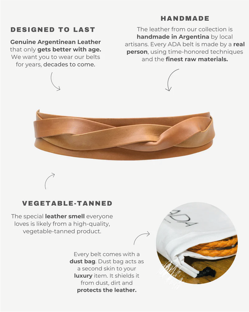 Tan ADA Collection midi wrap belt with adjustable fit and mid-width design, styled as a versatile fashion accessory.