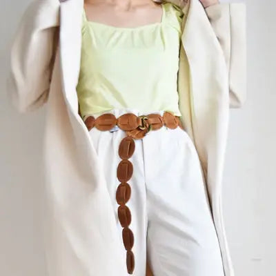 Cognac Shishi Wrap Belt by ADA Collection Belts, adjustable OS size, featuring a stylish wrap design and textured leather appearance.