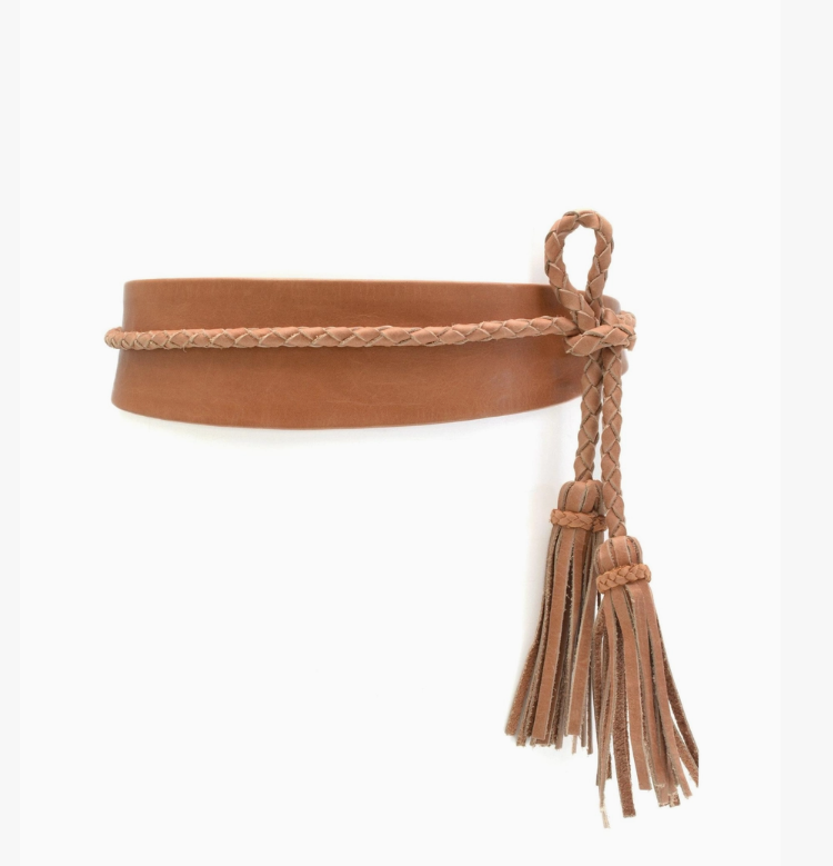 Brown suede leather Lucky Tassel Wrap Belt from ADA Collection Belts with tassel accents and adjustable wrap design.