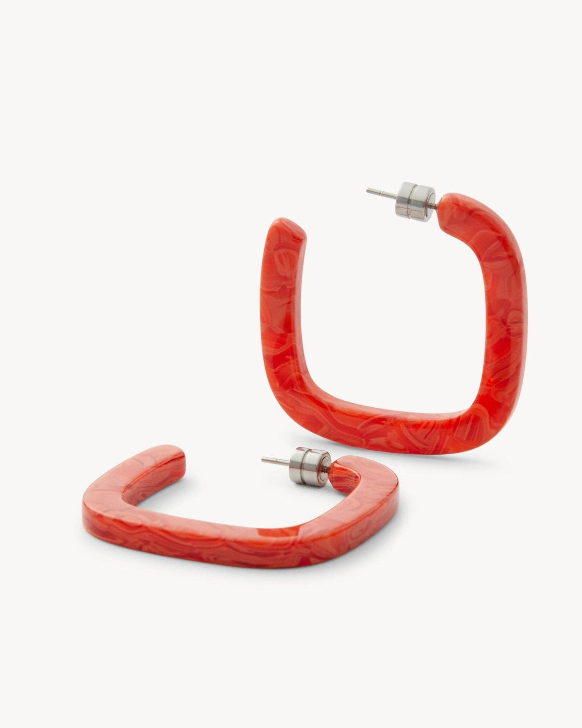 MACHETE Midi Square Hoops in Poppy, vibrant red-orange geometric earrings with square design on a white background.