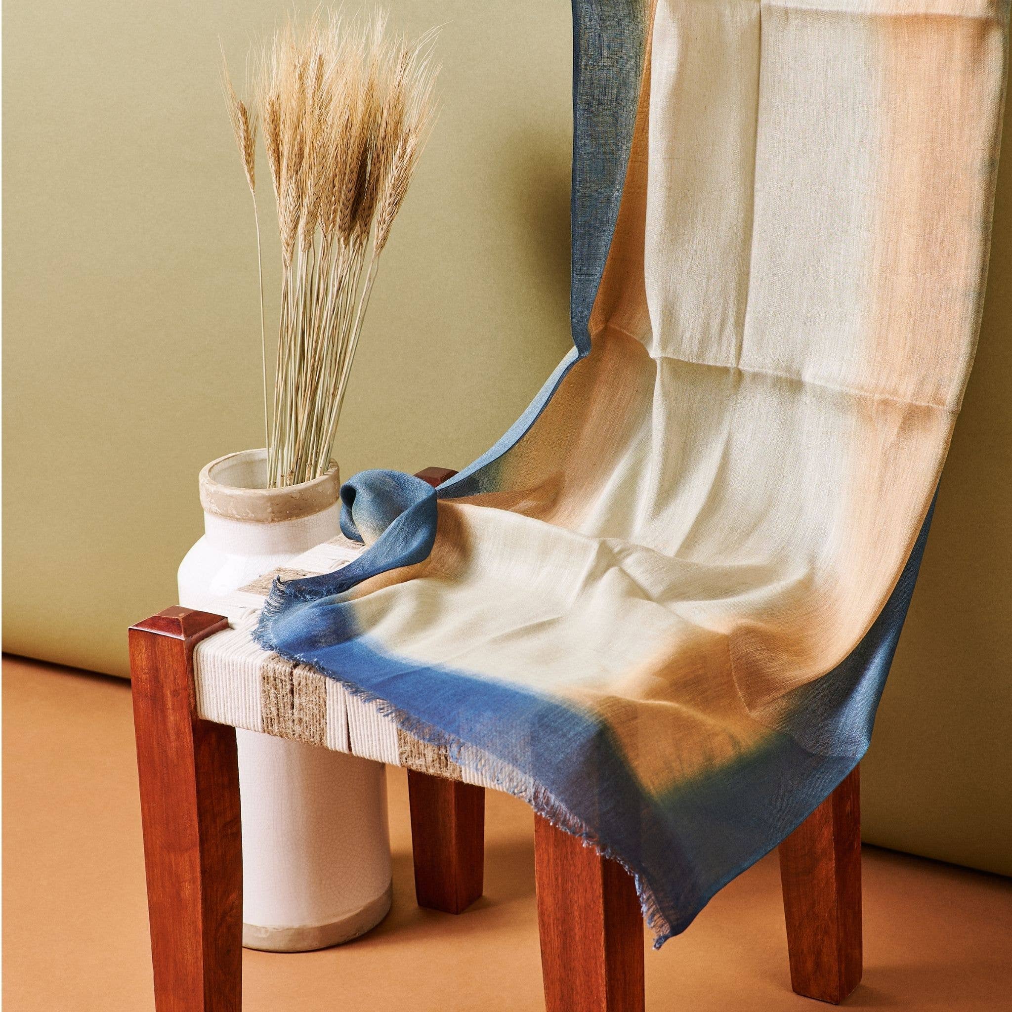 Oceana Beige Blue Soft Linen Silk Handloom Scarf 