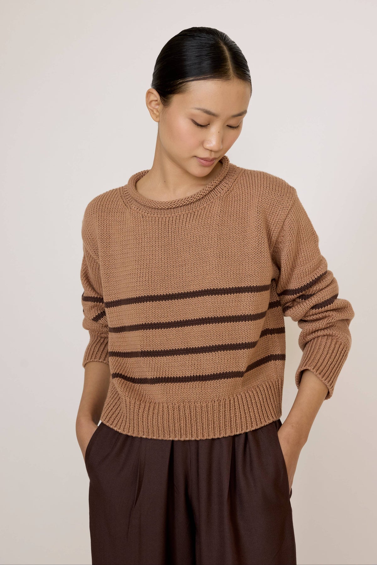 Laude the Label Field Cotton Sweater in Acorn Stripe, a cozy knit clothing piece with a stylish striped pattern.
