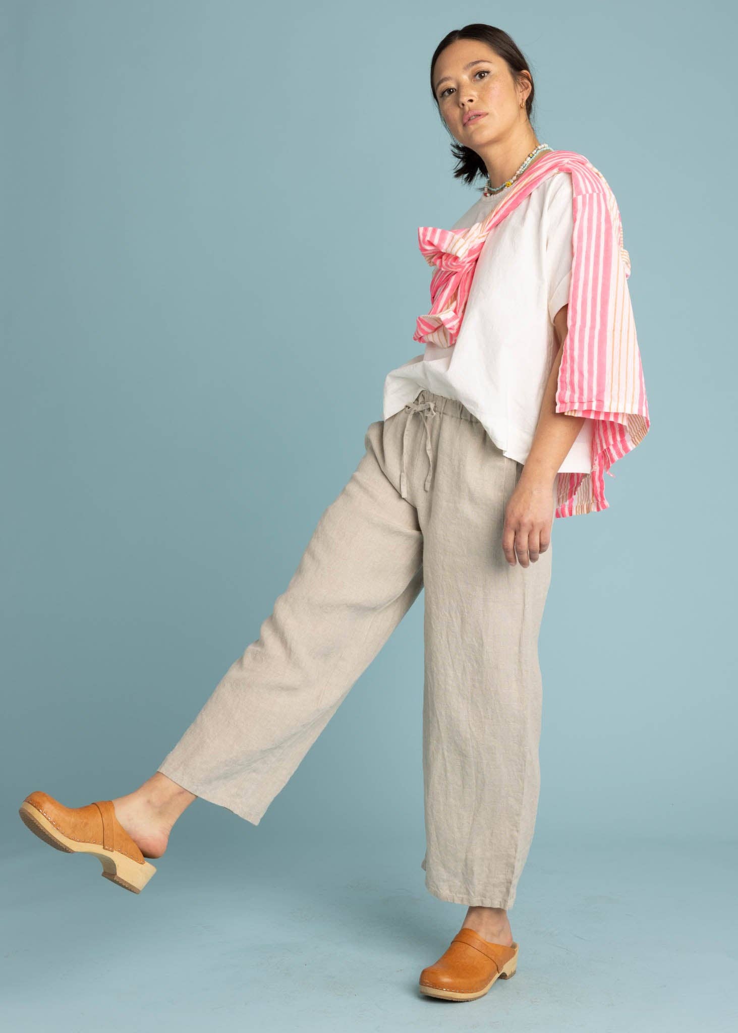 Natural flax linen Shore Pant by and for Good, featuring lightweight, relaxed fit fabric in neutral tone, suitable for casual wear.