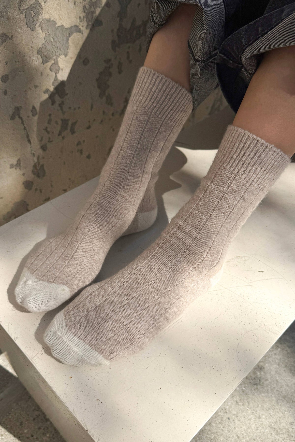 Le Bon Shoppe Classic Cashmere Socks in cozy, soft beige featuring a ribbed cuff and smooth knit texture.