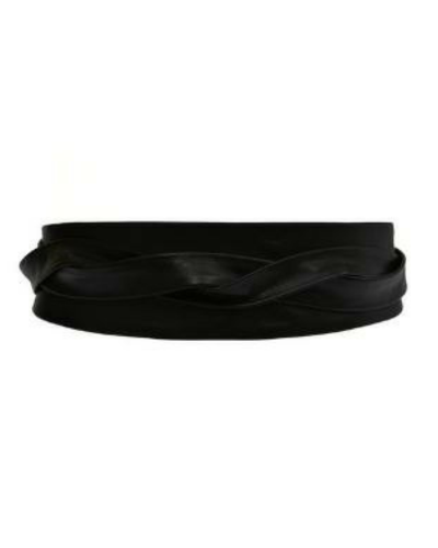 Black adjustable wrap belt from ADA Collection Belts, shown wrapped around a stylish outfit for a versatile fashion accessory.