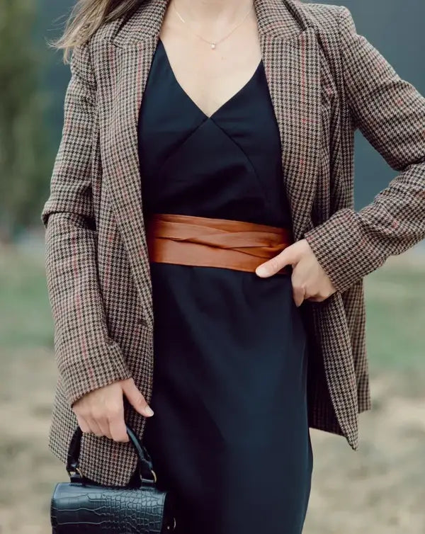 Adjustable whiskey leather wrap belt from ADA Collection Belts, boho chic style with stylish design and natural leather texture.