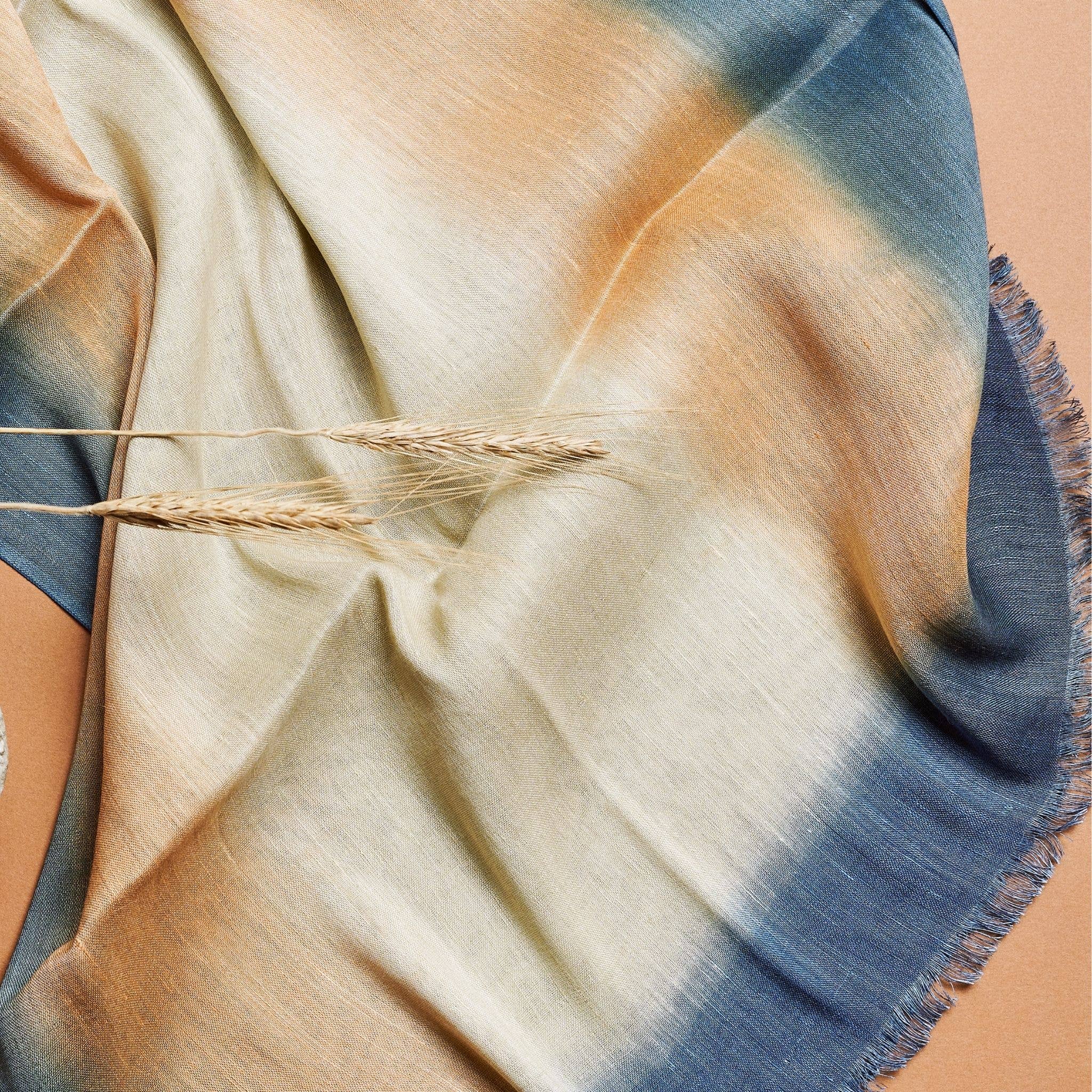 Oceana Beige Blue Soft Linen Silk Handloom Scarf 