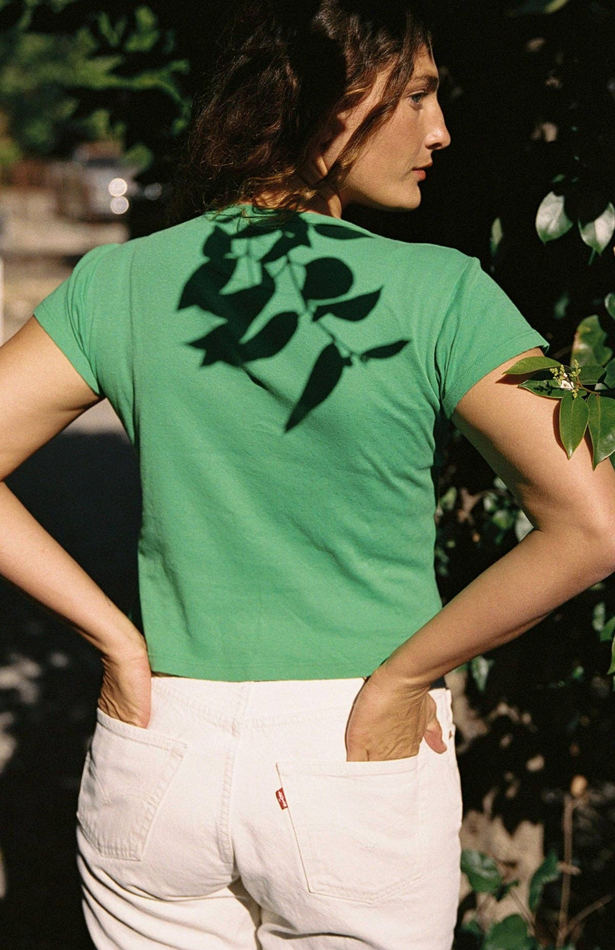 Pointelle baby tee by LA RELAXED featuring a soft, lightweight knit with delicate openwork pattern, short sleeves, and crew neckline.