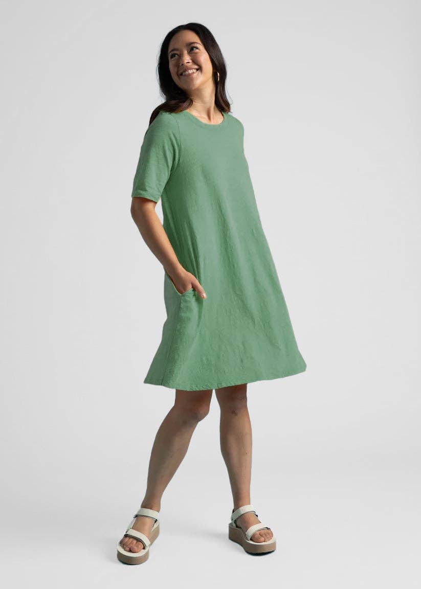 Watercress Good Tee Dress by and for Good displayed on a model, showing its relaxed fit and lightweight fabric.