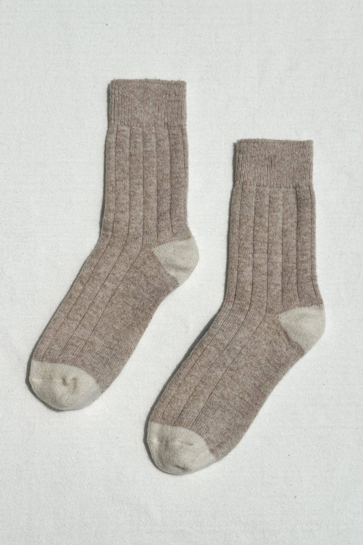 Close-up of beige Le Bon Shoppe classic cashmere socks showcasing soft knit texture and cozy design.
