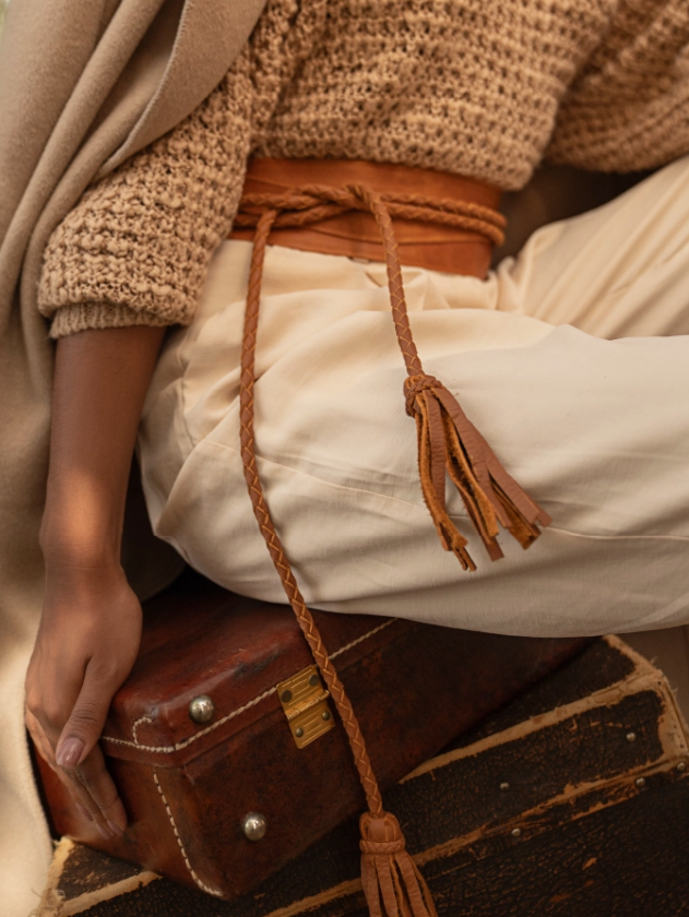 Suede leather Lucky Tassel Wrap Belt by ADA Collection Belts, featuring tassels and a versatile wrap design for accessories.