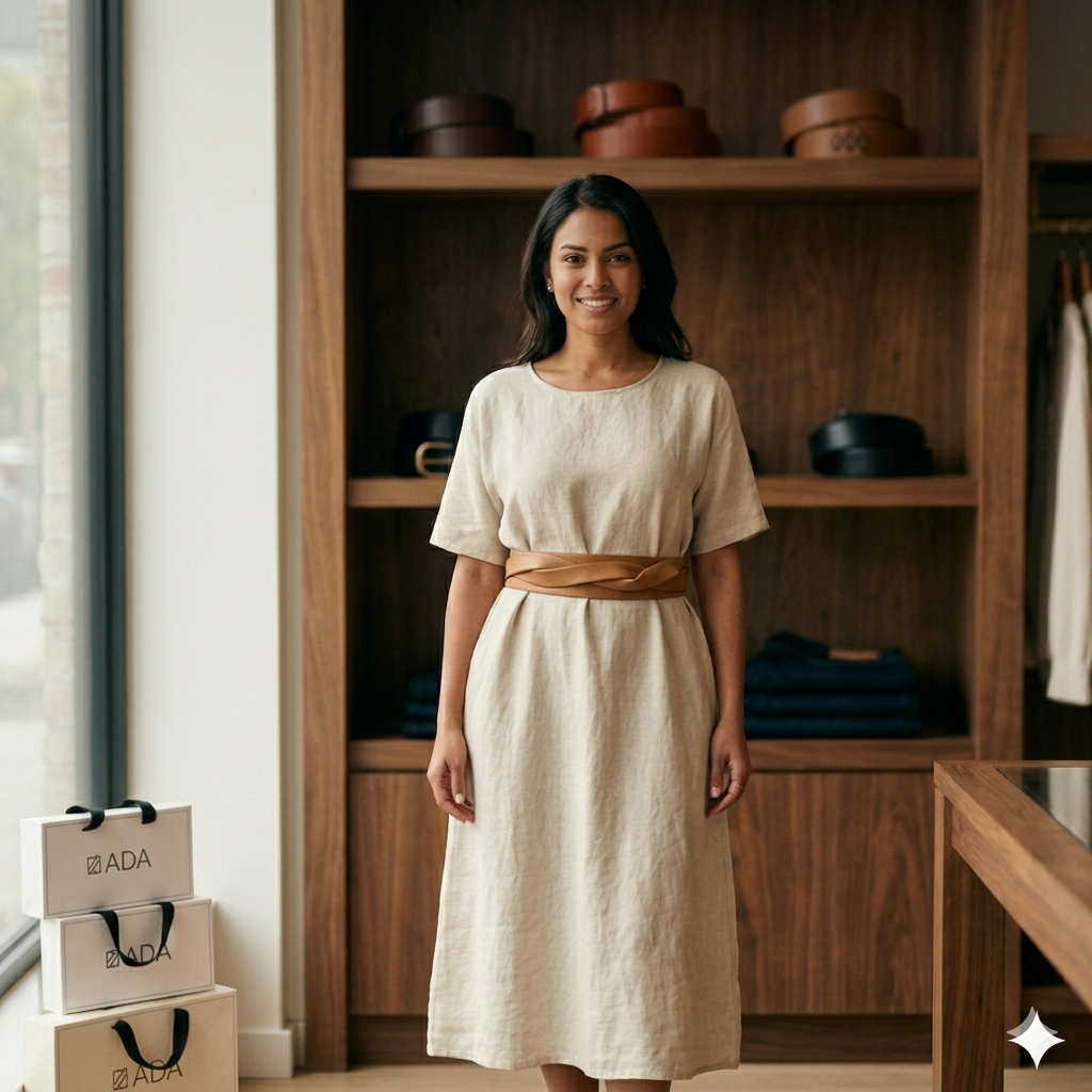 Tan midi wrap belt by ADA Collection Belts, adjustable mid-width accessory with wrap-around design and versatile style.