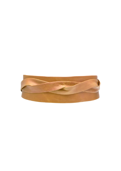 Tan leather extra-long wrap belt from ADA Collection Belts, stylish accessory with adjustable wrap design.