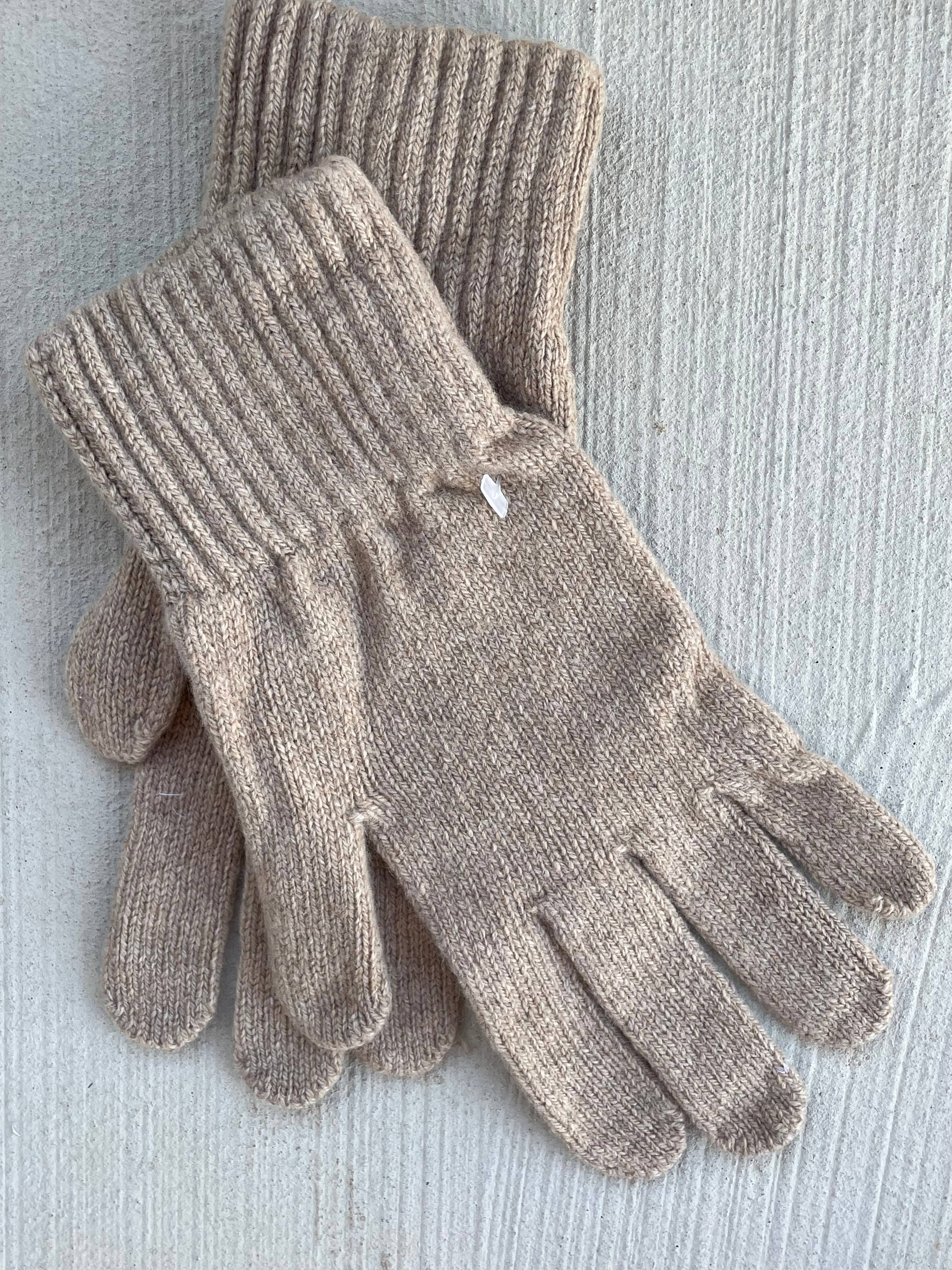Camel recycled cashmere gloves from and for Good featuring soft, cozy knit fabric and a classic design for winter warmth.