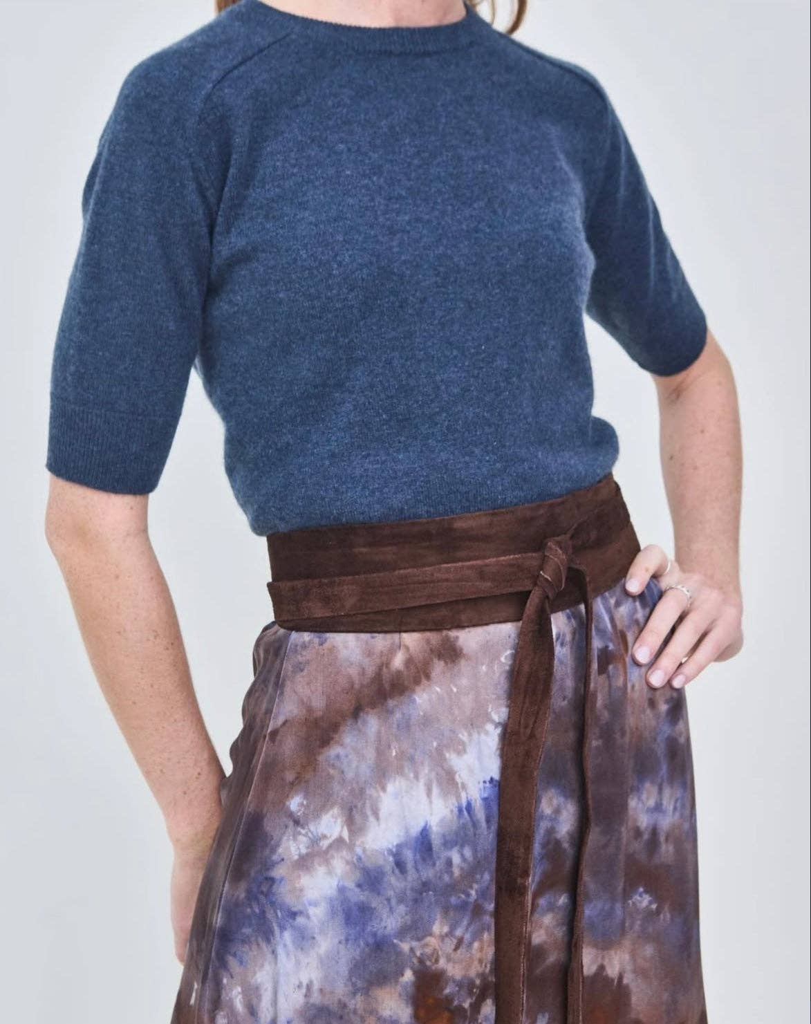 Chocolate suede wrap belt from ADA Collection Belts featuring a stylish, soft leather design for versatile accessorizing.